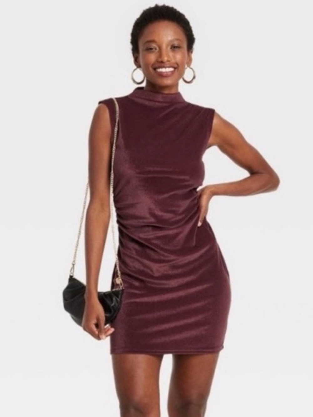 NWT A New Day Burgundy Velvet Mini Dress Mock Neck Ruched